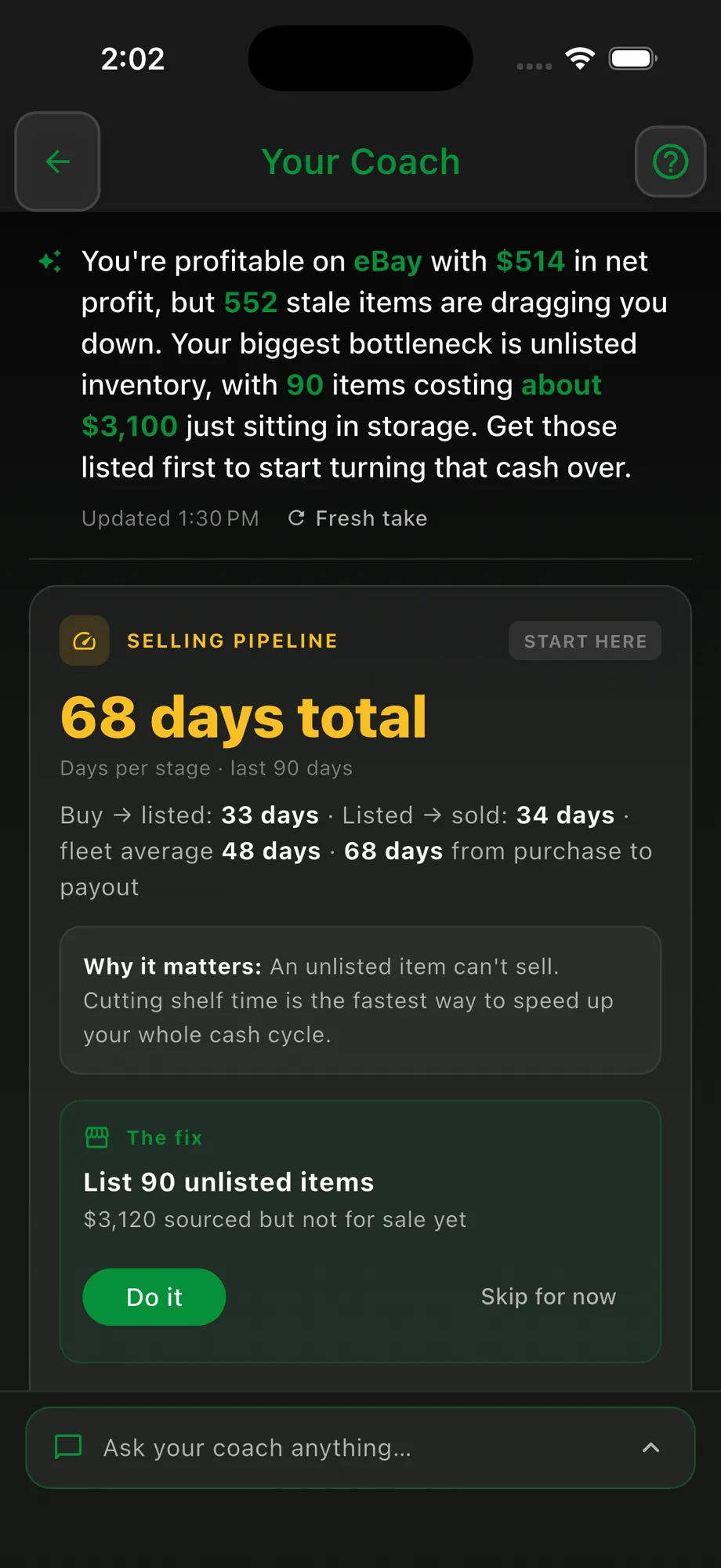 Flippd Coach screen showing the daily verdict and a selling-pipeline insight with the fix