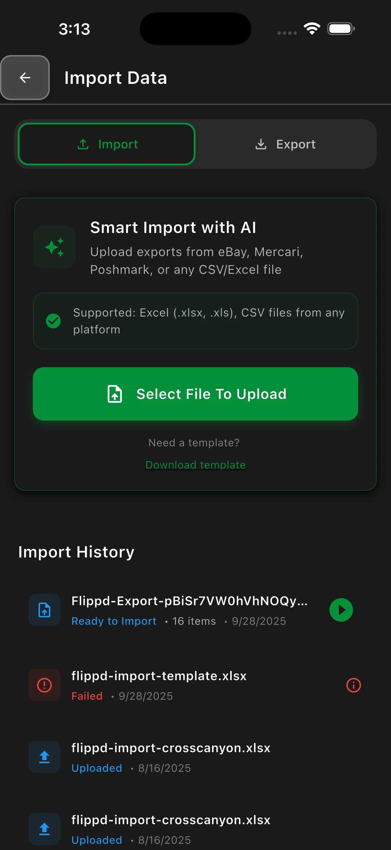 AI-powered bulk import from spreadsheets and platforms