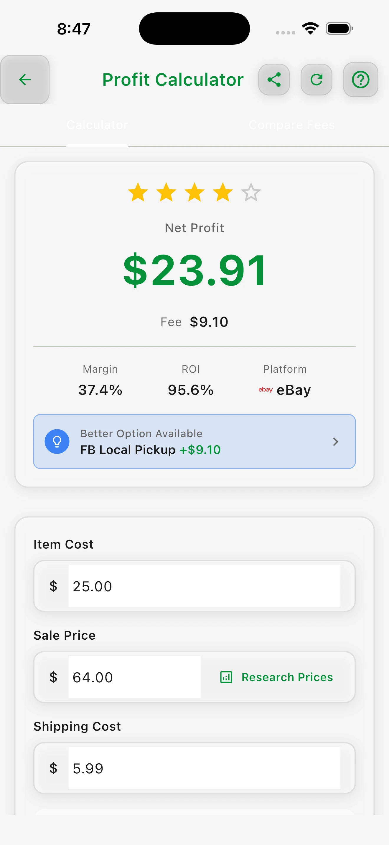 Research prices and calculate profit before you buy