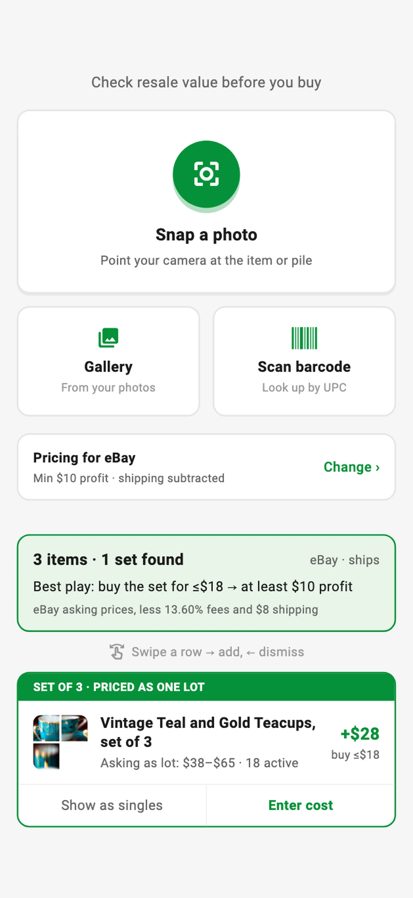 Pantalla de Snap Decisions con un juego de tazas valorado como un solo lote