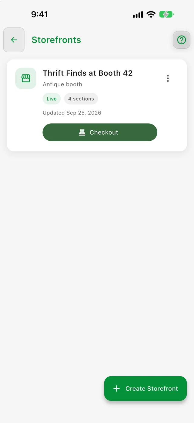 Storefronts list with a live sale and checkout button