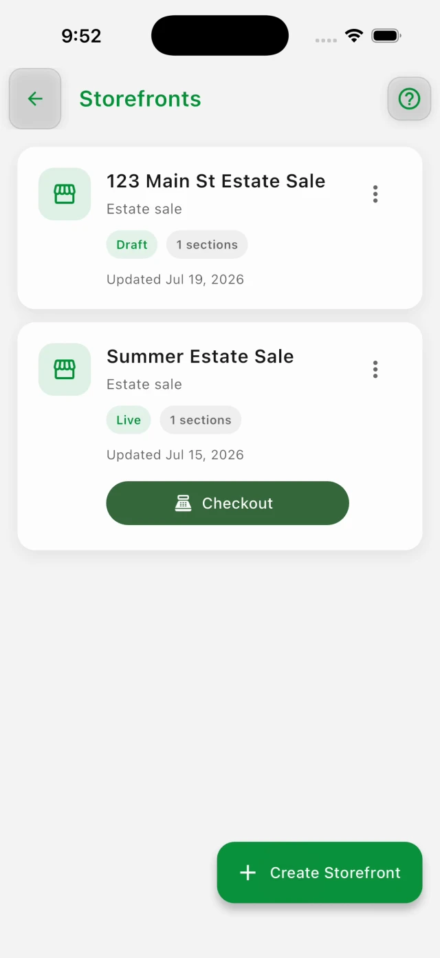 Storefronts list with a live sale and checkout button